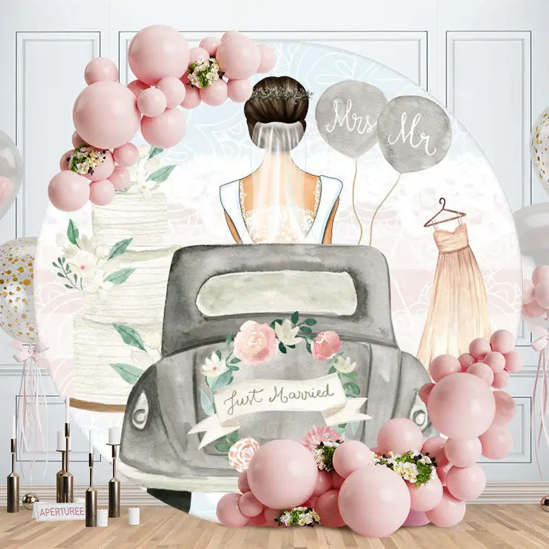 Aperturee Just Married Scenery Round Wedding Backdrops