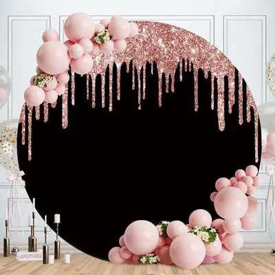 Aperturee Pink Glitter And Black Round Birthday Party Backdrop | Custom Round Backdrop | Circle Party Backdrop | Circle Backd...