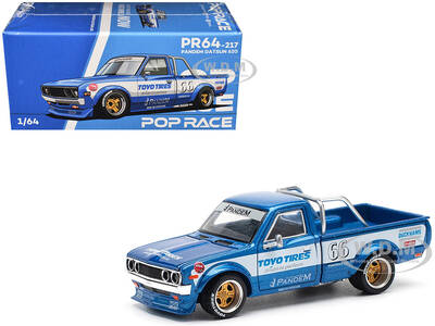 Datsun Pandem 620 Pickup Truck #66 Blue Metallic with White Stripes and Graphics 1/64 Diecast Model Car by Pop Race