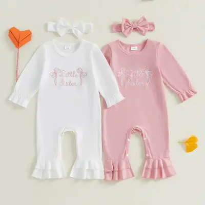 Newborn Baby Girl Fall Outfit Little Sister Ruffle Long Sleeve Romper Bodysuit  Jumpsuit Clothes Headband