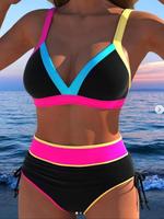 Women's Colorblock Print Bikini Set, Casual Fashion Chic Swimsuit Set for Beach Holiday Vacation, Ladies Swimwear for All Sea...