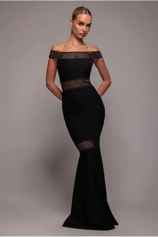 Goddiva Off The Shoulder Ribbed Bodycon Maxi Dress - Black