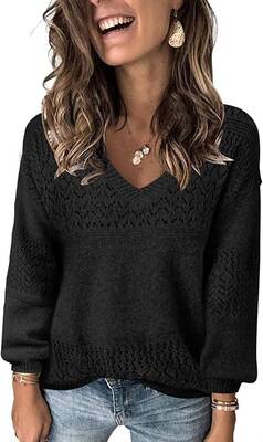 Womens Sweaters 2025 Fall V Neck Long Sleeve Hollow Knit Pullover Sweaters for Women