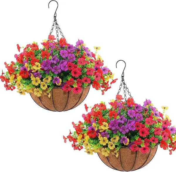 1 Set Artificial Outdoor Flowers with Hanging Basket,  Hanging Planters with 12 Pcs Flowers for Spring Summer Front Porch Gar...