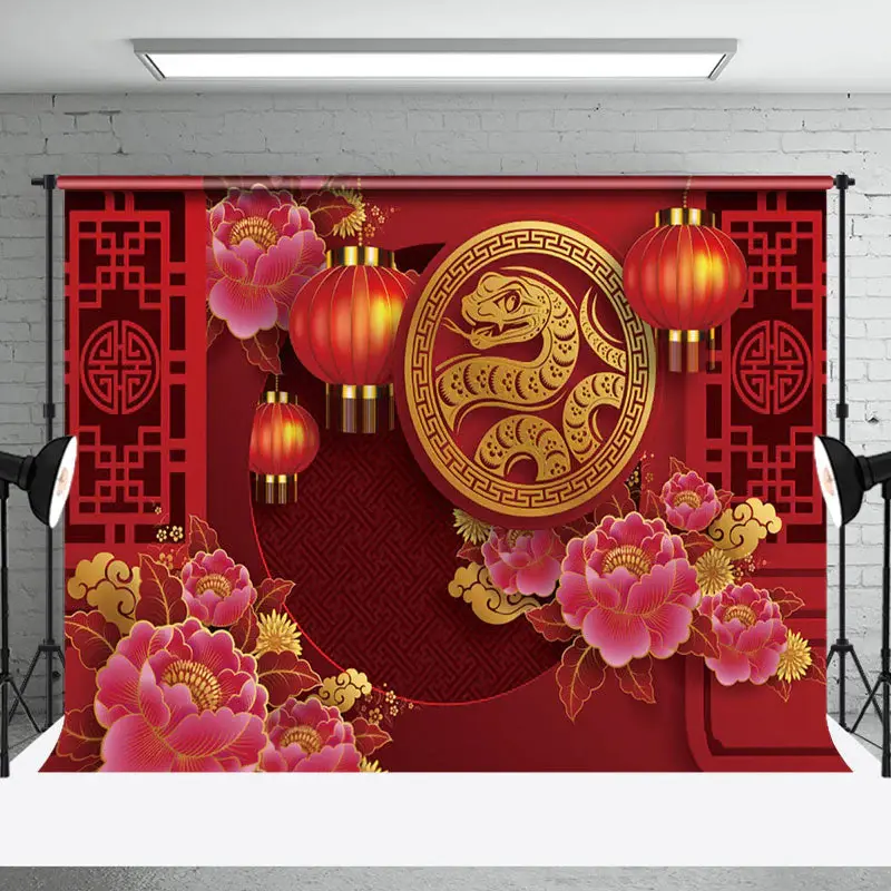 Aperturee Golden Snake Peony Lanterns Red New Year Backdrop - Aperturee