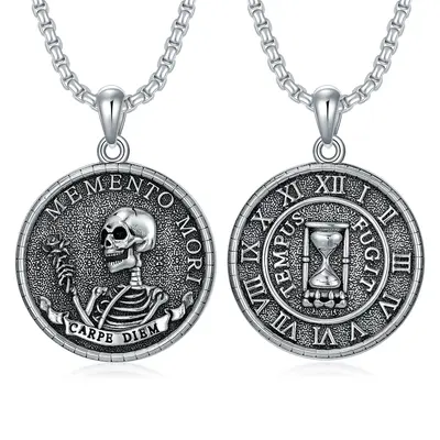 Sterling Silver Memento Mori Carpe Diem Hourglass Skeleton Pendant Necklace for Men