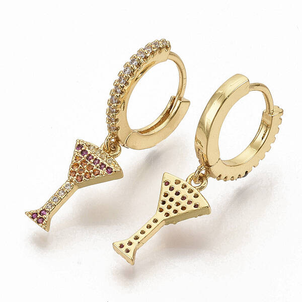 Brass Micro Pave Colorful Cubic Zirconia Dangle Hoop Earrings