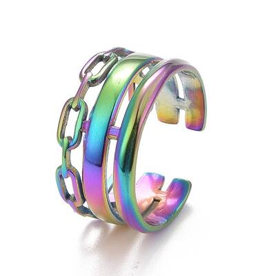 Ion Plating(IP) Rainbow Color 304 Stainless Steel Cable Chain Shape Open Cuff Ring for Women