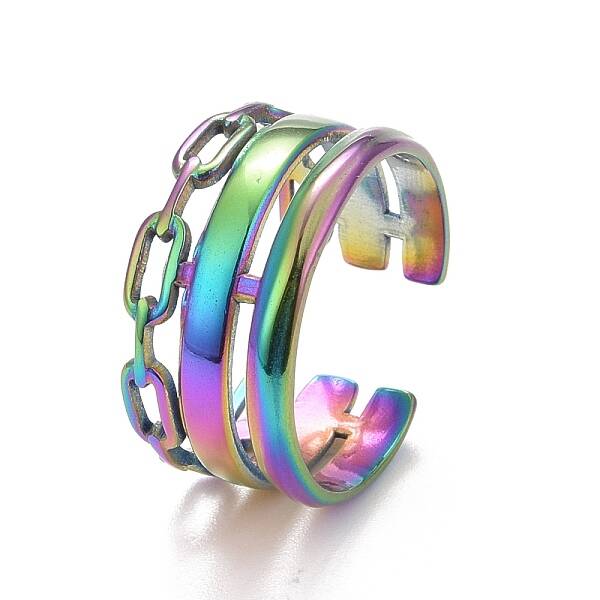 Ion Plating(IP) Rainbow Color 304 Stainless Steel Cable Chain Shape Open Cuff Ring for Women