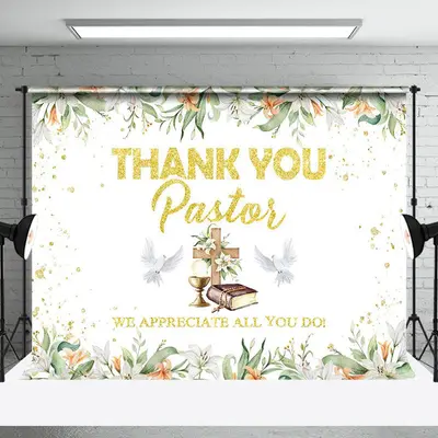 Spring Floral Leaf Gold Thank You Pastor Backdrop