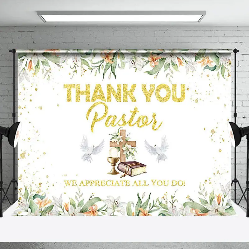 Spring Floral Leaf Gold Thank You Pastor Backdrop