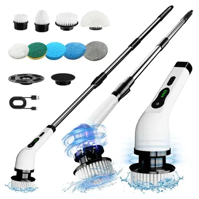 Electric Cleaning Brush Set with 9 Replaceable Brush Heads & Adjustable Handle for Bathroom Tub Tile Floor USB-C Charging Por...