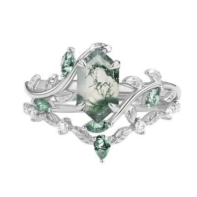 10K White Gold Moss Agate & Moissanite Bridal Set Art Deco Proposal Anniversary Promise Ring