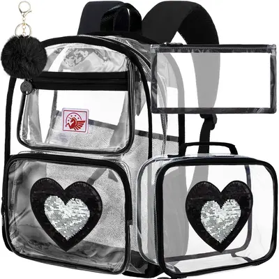 3PCS Clear Backpack Heavy Duty, See Through Sequins School Bag for Girls, Black Transparent Bookbag for Women