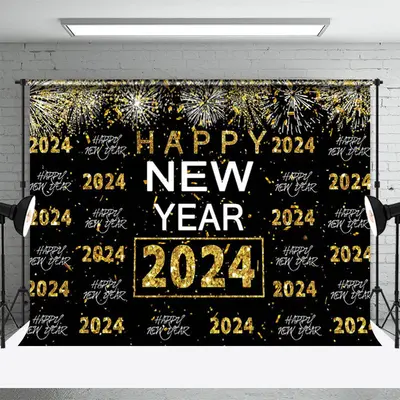 Aperturee Black Gold Sparkling Happy New Year 2024 Backdrop