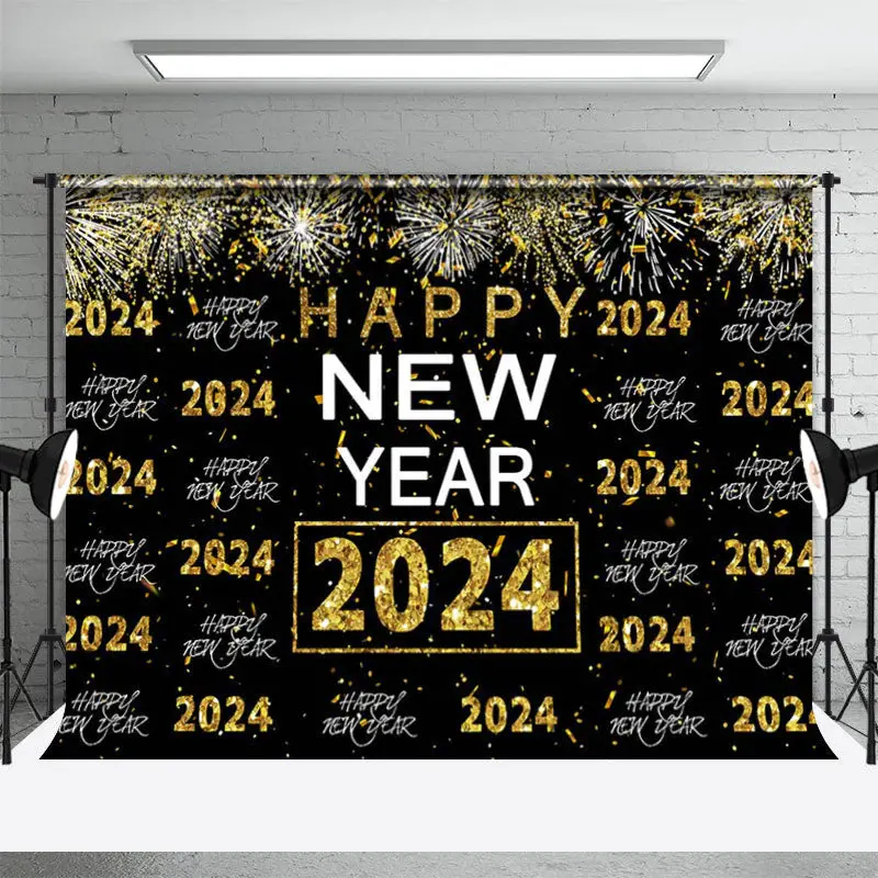 Aperturee Black Gold Sparkling Happy New Year 2024 Backdrop