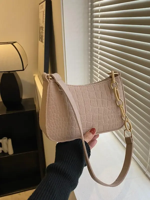 Elegant Fashion Crocodile Embossed Shoulder Bag for Women, Simple Plain Purse with O-ring Chain Shoulder Bag for Daily Use