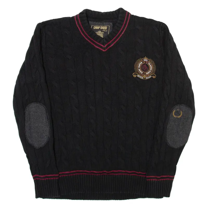CAMP DAVID Mens Jumper Black V-Neck Cable Knit M