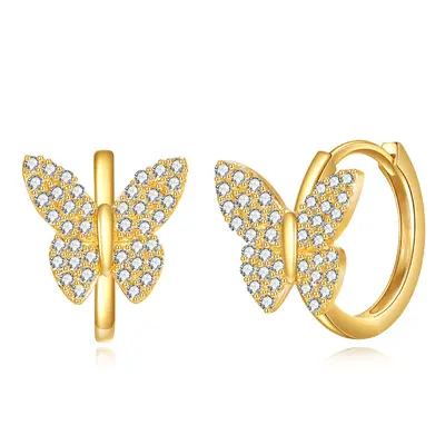 14K Gold Cubic Zirconia Butterfly Hoop Earrings