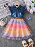 Girl's Denim-effect & Patchwork Belted Dress, Casual A Line Tutu Dress for Summer, Kids Clothes for Daily Wear, Princess Sera...