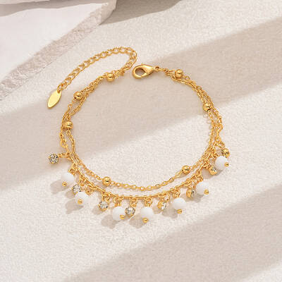 Fashionable Vintage Beach Style Brass Cubic Zirconia Double Layer Tassel Ball Adjustable Ladies Anklets