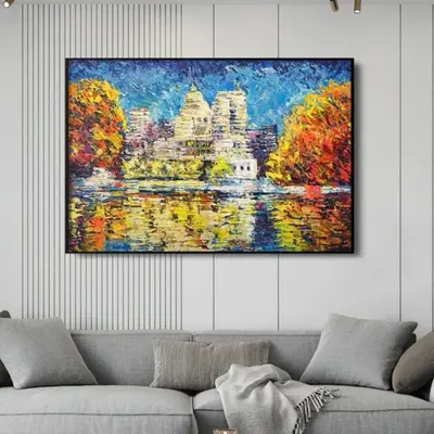 Abstract Colorful Lake Landscape Oil Painting on Canvas Large Original Modern Orange Textured Wall Art | CITY LAKE