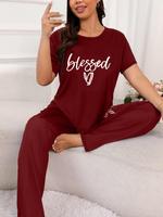【Plus Size】 Letter Print Tee & Elastic Waist Pants Loungewear Two-piece Set, Casual Comfy Round Neck Short Sleeve T-shirt...