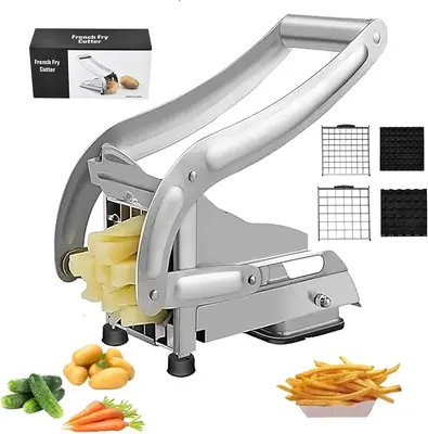 French Fry Cutter Stainless Steel Potato Cutter with 2 Blades, No-Slip Suction Base, Ideal for Cutting Potatoes, Carrots, Cuc...