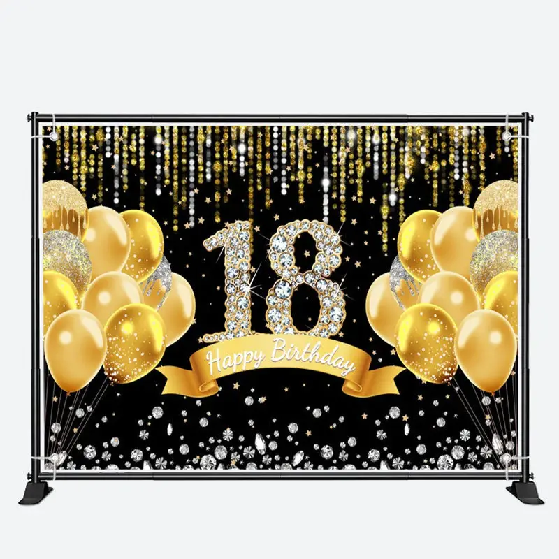 Gold Balloons Diamond Black 18Th Birthday Backdrop - Aperturee