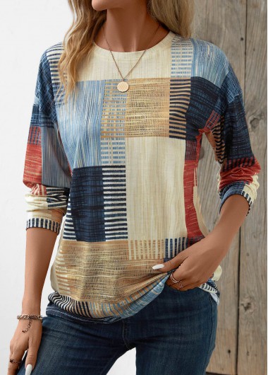 Modlily Beige Patchwork Plus Size Geometric Print T Shirt - 2X