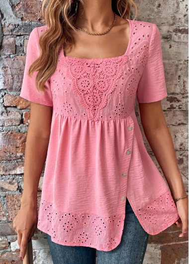 Modlily Pink Button Short Sleeve Square Neck Blouse - XXL