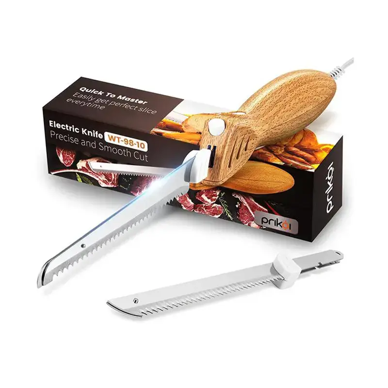 Electric knife with Easy-Slice serrated blade, ergonomic handle + 2 blades for cutting meat, bread, turkey, ribs, fish fillet...