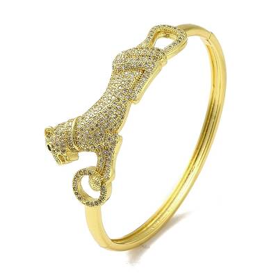 Brass Pave Clear & Green Cubic Zirconia Leopard Hinged Bangle for Women