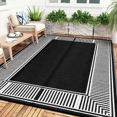 Garvee Waterproof Reversible Outdoor Rug 9x12ft - Black & White Plastic Straw Area Mat - Modern Striped Edge, Mark Resistant,...