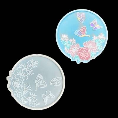 Flat Round with Flower & Butterfly Cup Mat Silicone Molds