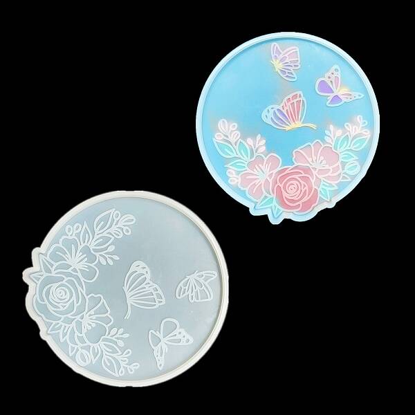 Flat Round with Flower & Butterfly Cup Mat Silicone Molds