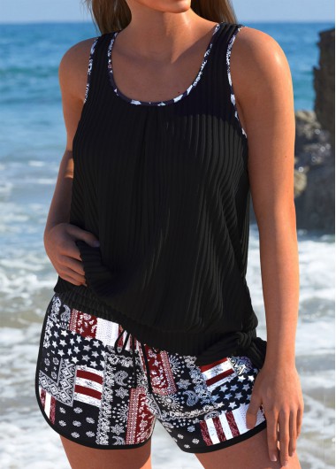 Modlily Mid Waisted Tribal Print Black Tankini Set - XL