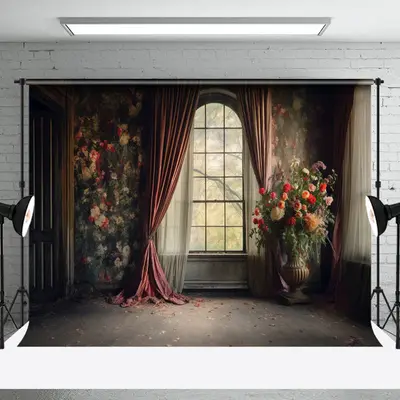 Aperturee Vintage Dark Room Floral Window Photography Backdrop | Photography Backdrops | Photography Photo Background | Photo...