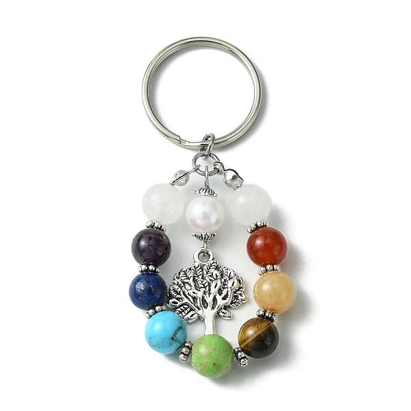7 Chakra Gemstone Bead Pendant Keychain with Tibetan Style Alloy Charm