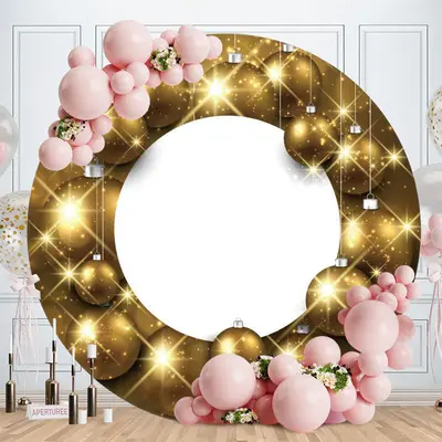 Aperturee Gold Glitter Ball Round White Birthday Backdrop