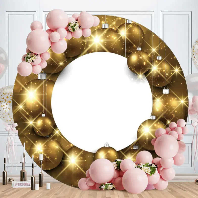 Aperturee Gold Glitter Ball Round White Birthday Backdrop