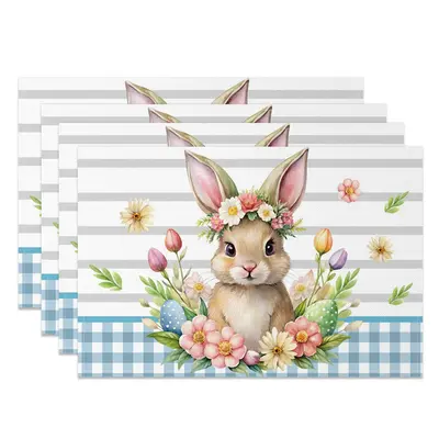 Aperturee Colorful Floral Cute Bunny Easter Set Of 4 Placemats, 14x12 Inch, 15.8 USD, NYLX00533-S, placemats