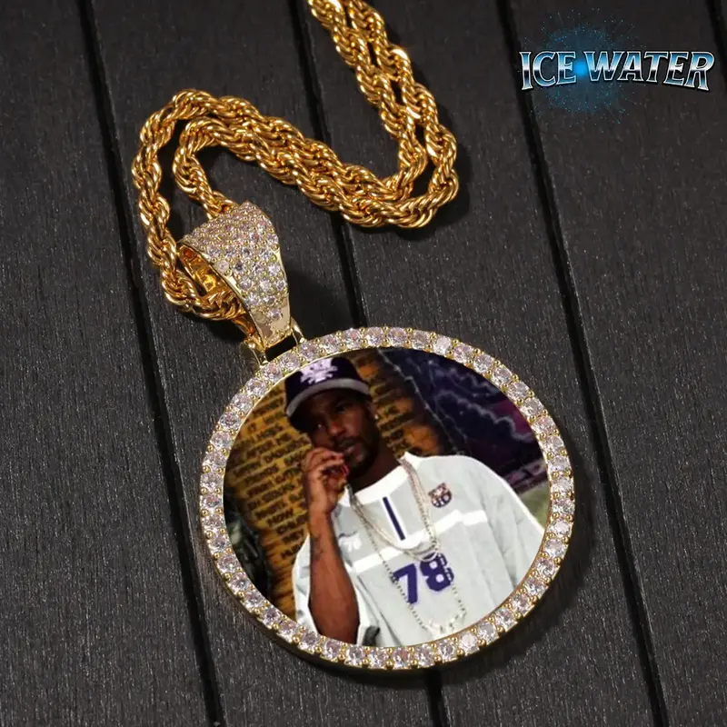 ICE WATER Personalized Small-Big size Custom Memory Round Colorful Photo Pendant Necklace Simple zirconia Neck Chain Jewelry