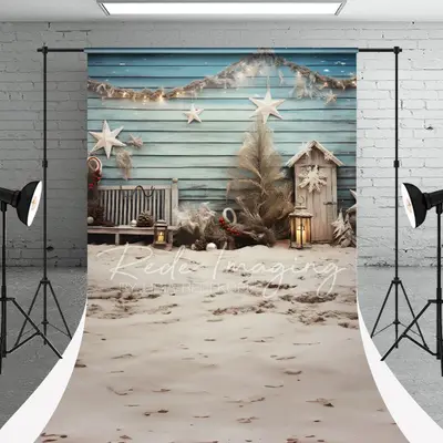 Sandbeach Blue Cottage Christmas Photo Backdrop - Aperturee