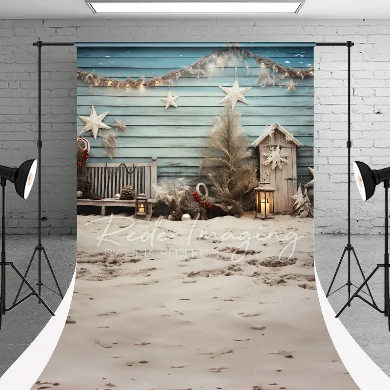 Sandbeach Blue Cottage Christmas Photo Backdrop - Aperturee
