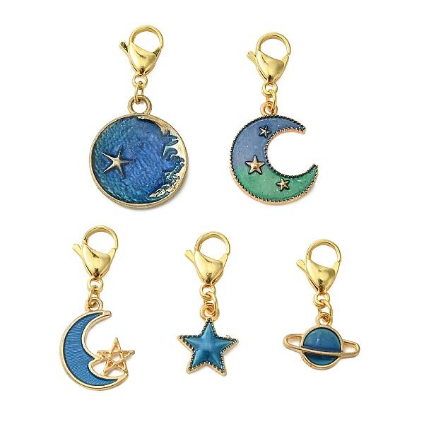 5Pcs Alloy Enamel Moon Star Planet Pendant Decorations
