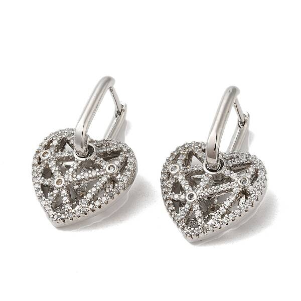Hollow Heart Rack Plating Brass Micro Pave Cubic Zirconia Dangle Hoop Earrings