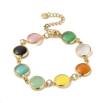 Colorful Flat Round Cat Eye & Brass Link Chain Bracelets for Women