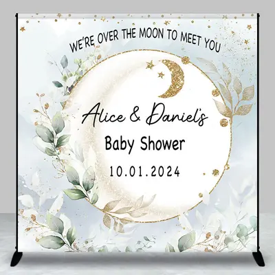 Leaves Moon Twins Custom Name Baby Shower Backdrop - Aperturee