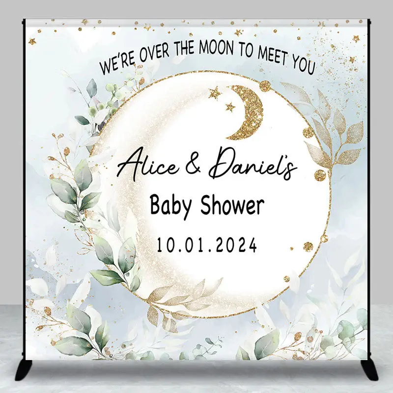 Leaves Moon Twins Custom Name Baby Shower Backdrop - Aperturee